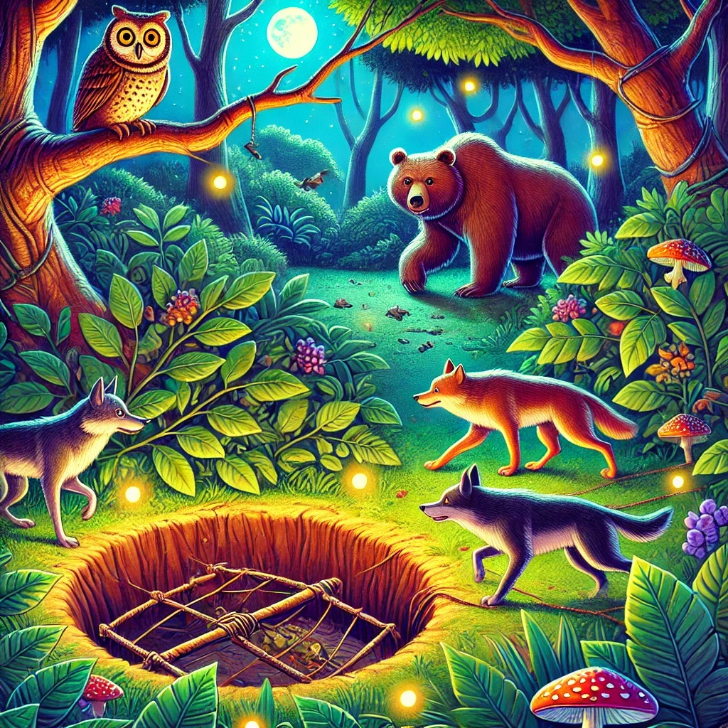 Illustration of a jungle at night with a hidden pit trap set for sneaky wolves. A wise old owl watches from a tree while a strong bear commander hides, ready to capture the thieves. The lush jungle glows under moonlight, creating a mystical and adventurous scene. Perfect for children's bedtime stories and jungle-themed tales