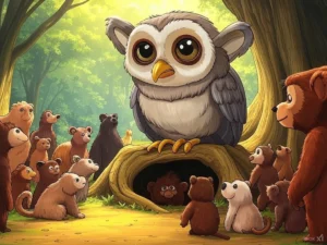 Bedtime story: a cartoon of an owl and many animals in a forest seeking owl's advice.