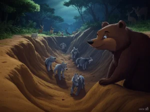 Kids bedtime story: a cartoon of a bear and wolf in a forest